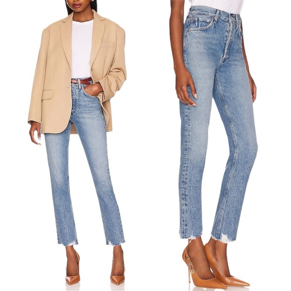 NWT AGOLDE Jeans Riley Crop High Rise Straight Haven Blue Size 34